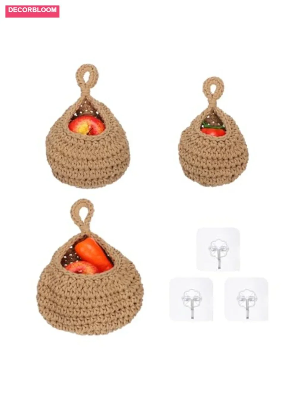 Hand-Woven Cotton Rope Hanging Fruit Basket Set with Adhesive Hooks